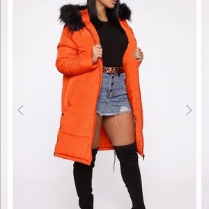 Black and orange puffer coat